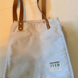 FEED Canvas Tote Bag Gray with Brown Leather Handles